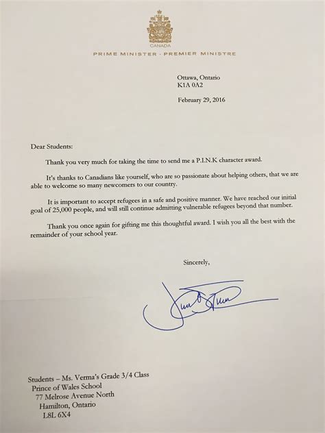 justin trudeau address for letters